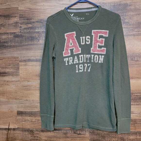 American Eagle Vintage Fit Thermal Logo Shirt Size S Olive Green Stretch - Picture 1 of 8